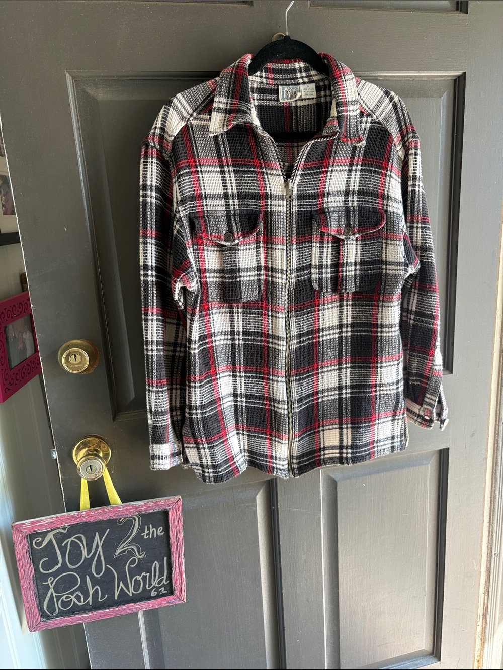 Plaid Zip-Front Shirt Jacket - Black, White & Red